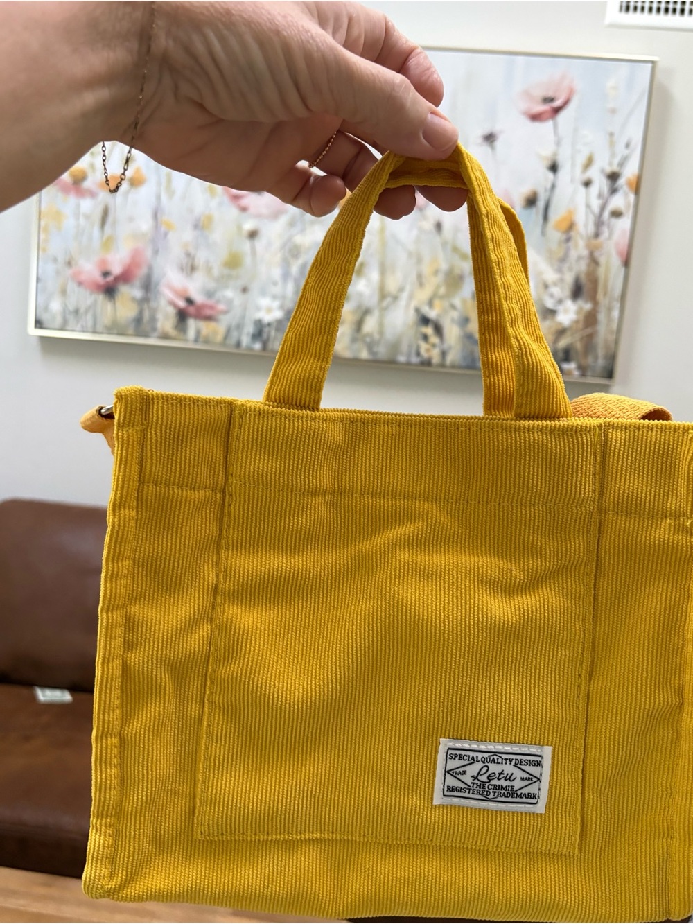 Yellow Corduroy Mini Crossbody Tote with Front Patch